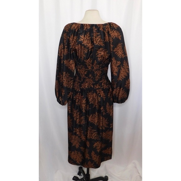 REBECCA TAYLOR Arden Fern Print Black Brown Long Sleeve Dress Smocked Medium - Picture 10 of 16